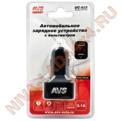 Автомобильный USB адаптер AVS UC-523 для портативных устройств, 2 порта + вольтметр